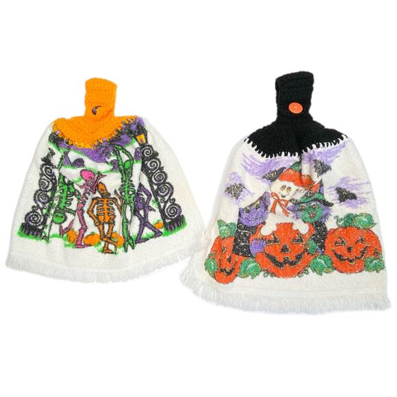Homemade Crochet Top Halloween Towels Pumpkins Skeletons - Set of 2 - Picture 1 of 4
